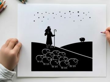 Shepherd and flock in silhouette under starry night sky preview picture