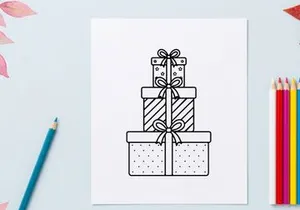 Stack of Christmas gift boxes with ribbons in a simple black and white line art style.
