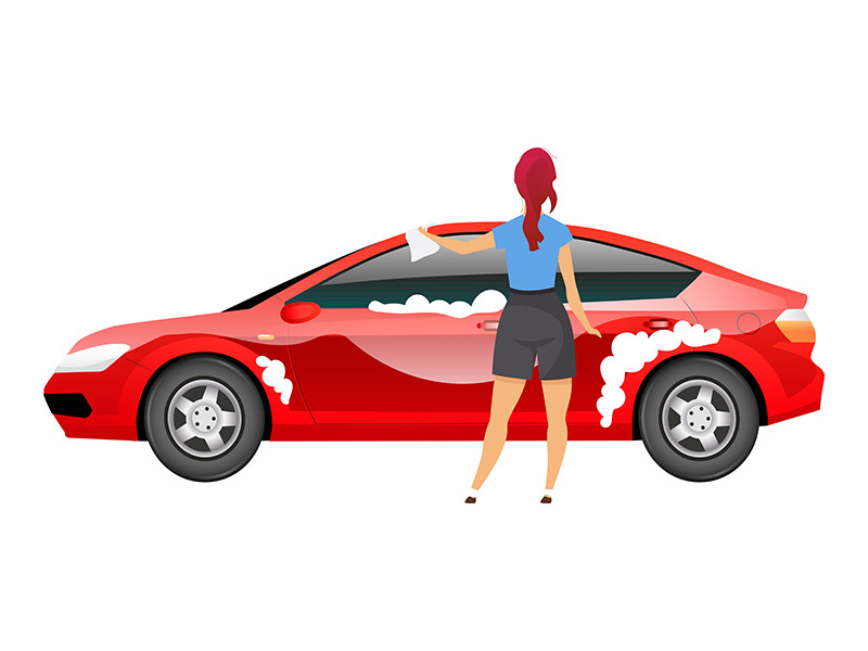 Lady washing car flat color vector faceless character