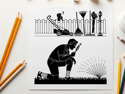 Silhouette of a man watering plants in a garden with tools