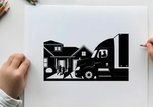 Silhouette of moving truck parked at suburban home with people