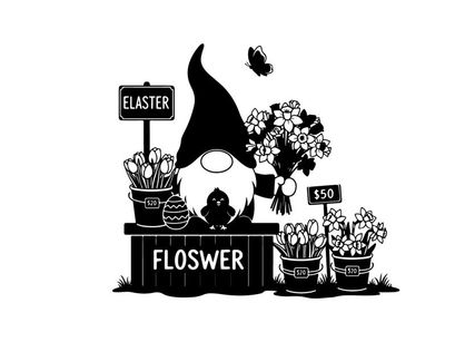 Gnome selling flowers and art supplies in silhouette