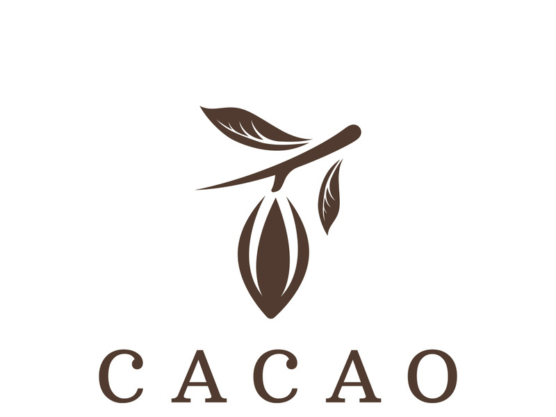 Chocolate cocoa pod plant logotype design, cocoa bean, exotic organic plant isolated background.