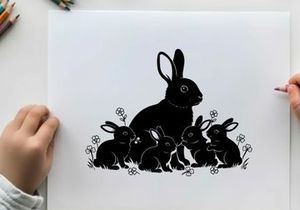 Silhouette of a mother rabbit and her adorable baby bunnies