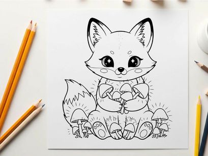 Cute white fox holding mushrooms vector illustration