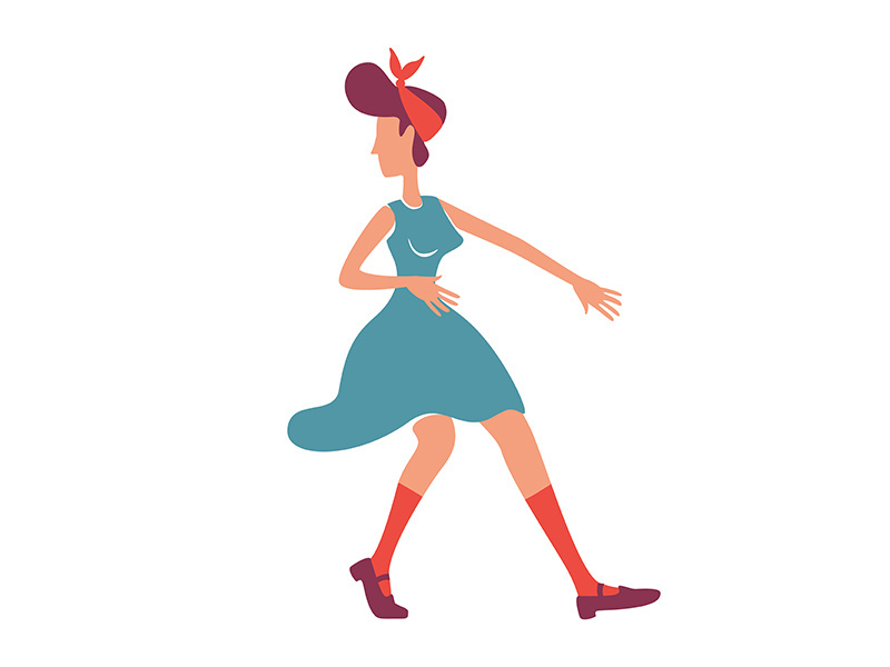 Old school lady in blue dress flat color vector faceless character
