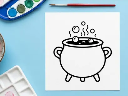 Witch cauldron icon with bubbles. Magic pot line art for Halloween design.