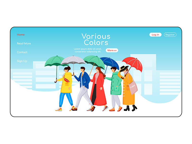 Various color umbrellas landing page flat color vector template