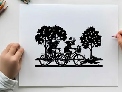 Silhouette of two cyclists riding bicycles in park