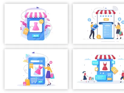 14 Mobile Store or Shopping Online in App Illustration