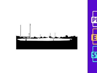 A black and white landscape photograph of a foggy scene with silhouetted structures