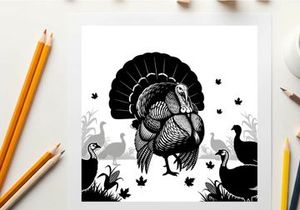 Black and white silhouette of a turkey with feathers spread wide outdoors