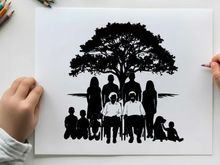 Family silhouette standing under a tree together outdoors
