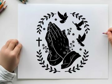 Praying hands silhouette with cross and doves preview picture