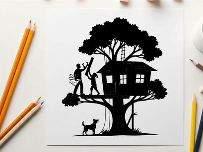 Treehouse silhouette with people building and dog