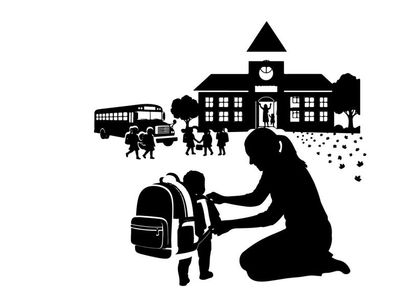 Silhouette of mother helping child with backpack at school