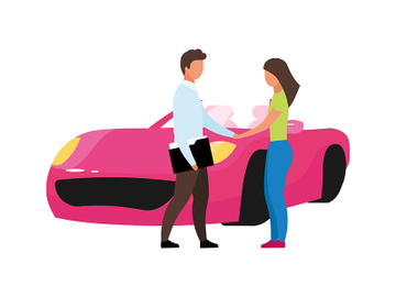 Woman buying new car semi flat color vector characters preview picture