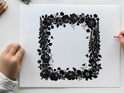 Silhouette floral border frame with roses and leaves