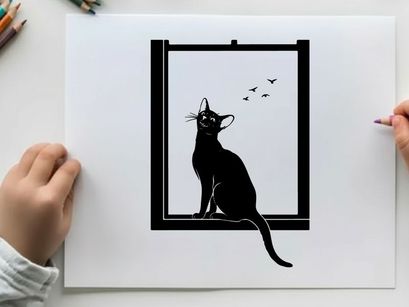 Silhouette of a cat looking out the window at birds silhouette