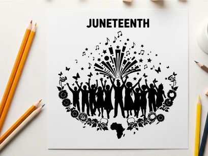 Juneteenth celebration silhouette with fireworks and floral patterns