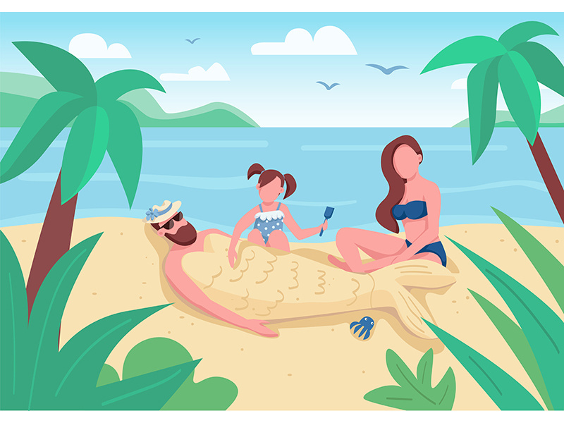 Daughter burying dad in sand flat color vector illustration