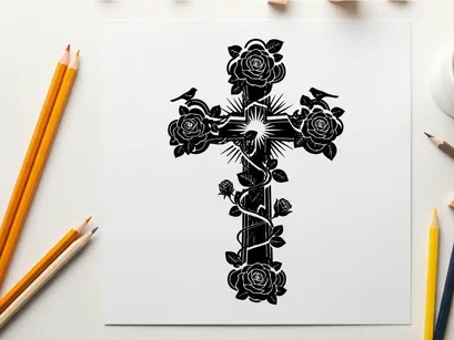 Silhouette of a cross with roses and birds silhouette