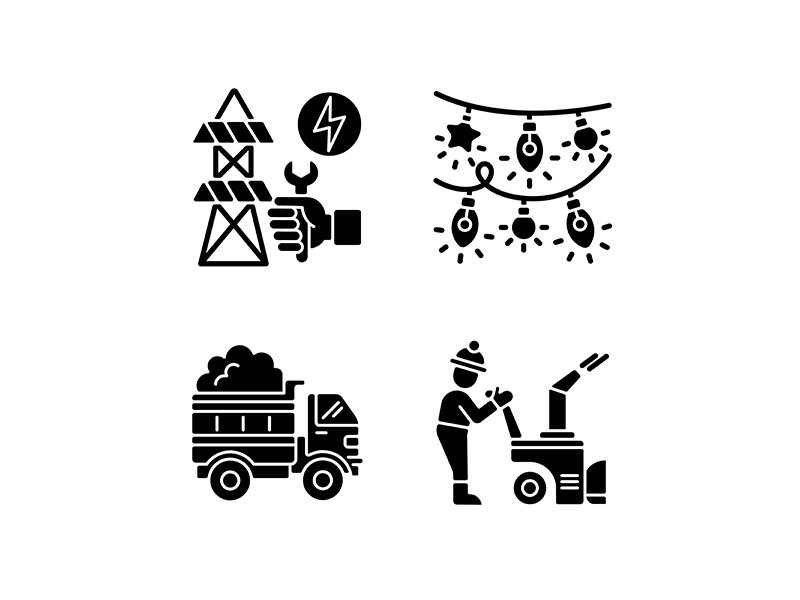 Winter city service black glyph icons set on white space