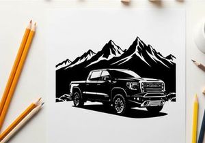 Silhouette of a pickup truck in front of mountains