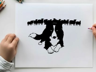 Border collie silhouette herding sheep illustration