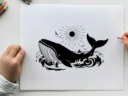 Whale silhouette swimming under sunny ocean waves