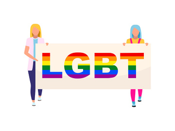 Girls with lgbt placard semi flat color vector characters preview picture