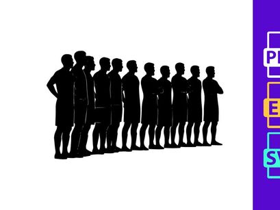 A group of men standing in a line in silhouette against a white background