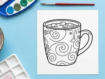Ilustrasi Garis Mug Cokelat Panas dengan Marshmallows
