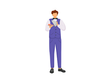 Waiter, male servant with dish flat color vector faceless character preview picture