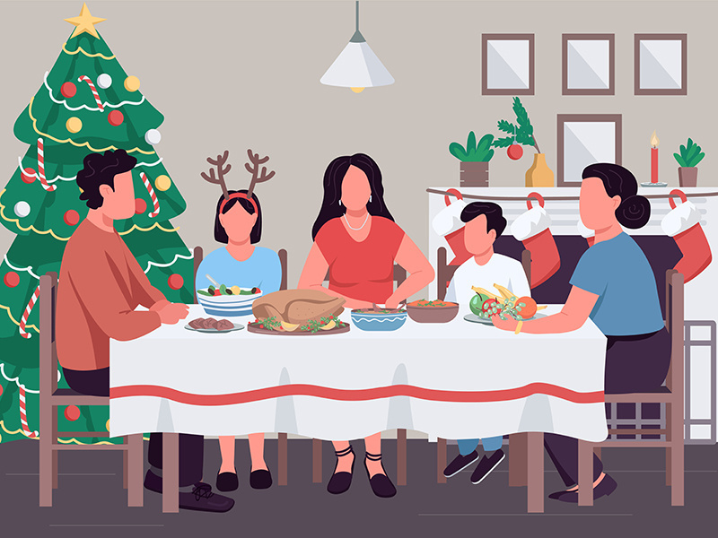 Christmas family dinner flat color vector illustrationChristmas family dinner flat color vector illustration