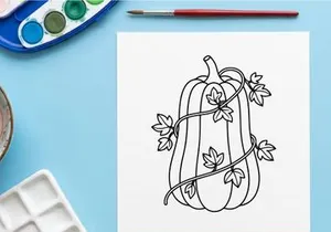 Decorative pumpkin with autumn leaves and vines. Seasonal harvest symbol for fall decor and festive celebrations.