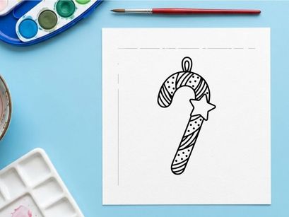 Christmas candy cane ornament with star, black and white line art vector illustration.