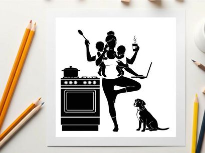 Multitasking mom silhouette juggling family life with dog