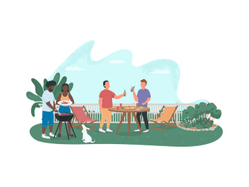 Friends at barbecue party 2D vector web banner, poster preview picture