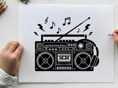 Black silhouette of a boombox with music notes and headphones