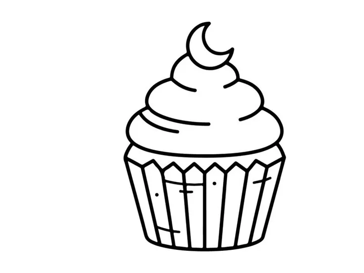 Hand-drawn cartoon cupcake with swirl frosting and crescent moon topping. Whimsical dessert illustration for baking, celebration, or sweet treat de...