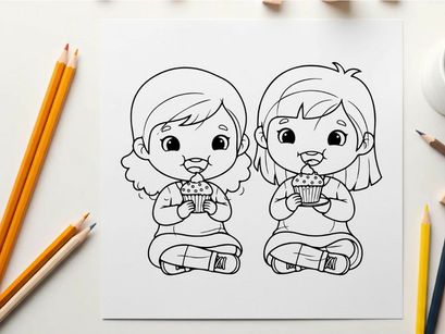 Twin girls eating cupcakes vector illustration flat design