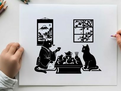 Whimsical silhouette of cats in traditional japanese setting tea ceremony