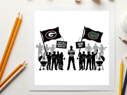Silhouette of football fans with georgia and florida flags and signs