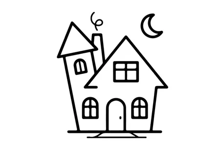 Hand-drawn minimalist house sketch with chimney and moon. Simple line art home illustration for real estate or architecture design.