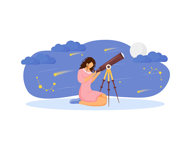 Girl with telescope flat concept vector illustration