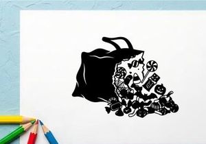 Ilustración en blanco y negro de una bolsa derramada de dulces y juguetes