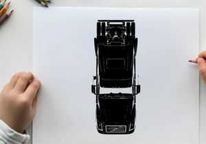 Silhouette of a semi truck from above in black and white