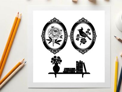 Silhouette of ornate frames with flower bird vase and books