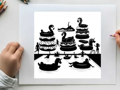 Silhouette of people on inflatable pool toys on a large table